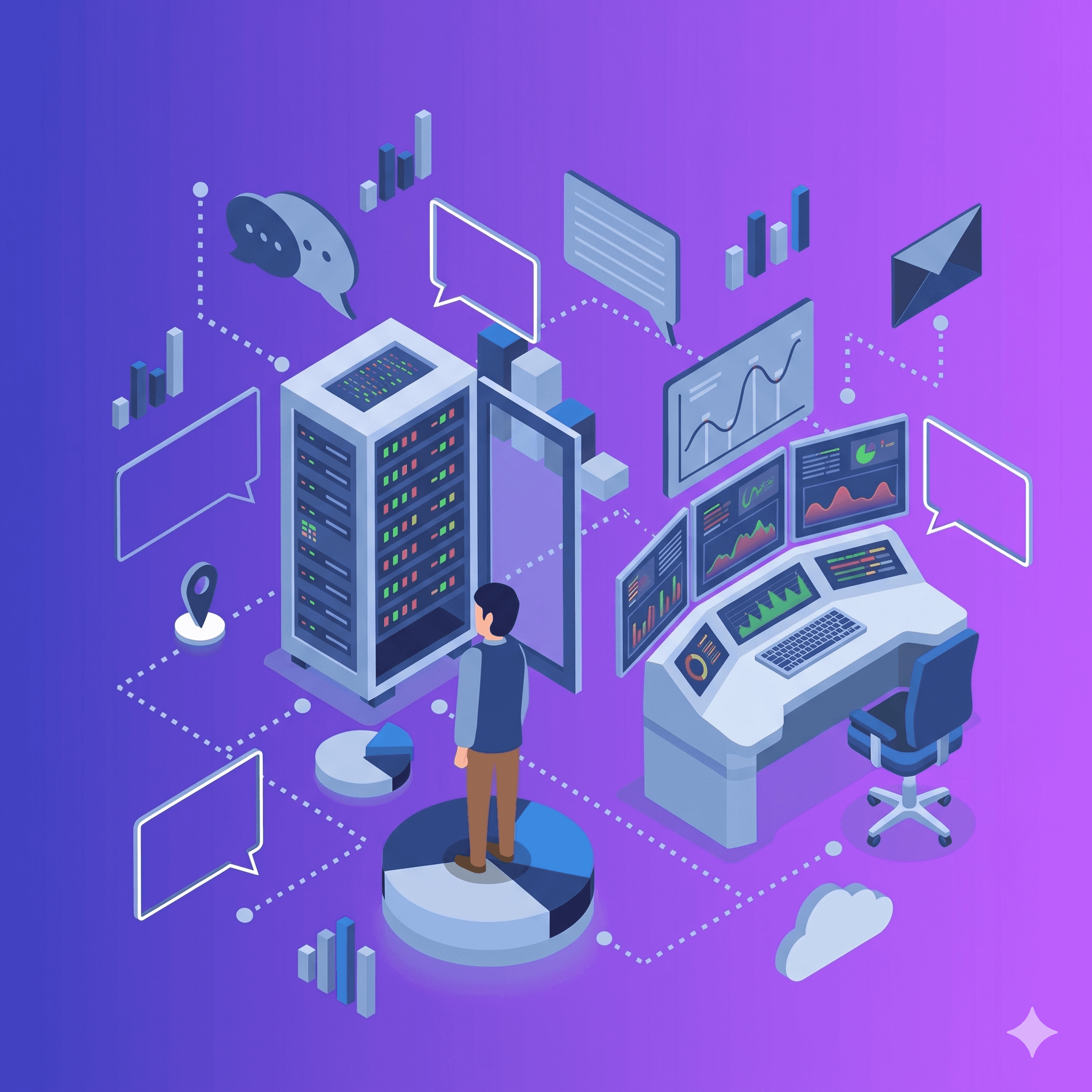 Operator on a dashboard pie chart in front of a server rack and triple-monitor command center — distributed cloud architecture