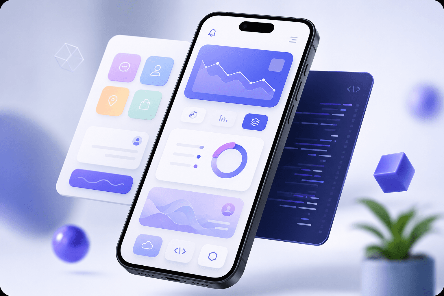 3D render of a smartphone showing app dashboards and charts with floating UI cards — mobile application development